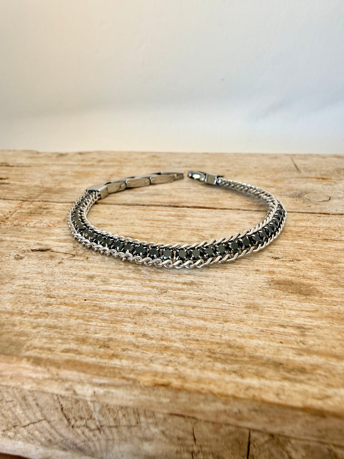 BRACCIALE TENNIS UOMO IN ACCIAIO CON CATENA GROUMETTE E ZIRCONI NERI