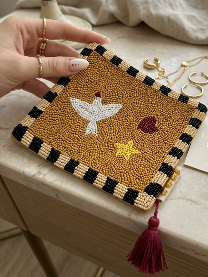 POCHETTE UCCELLO CON CUORE & STELLA MARRONE SENAPE-ORO CHIARO-NERO