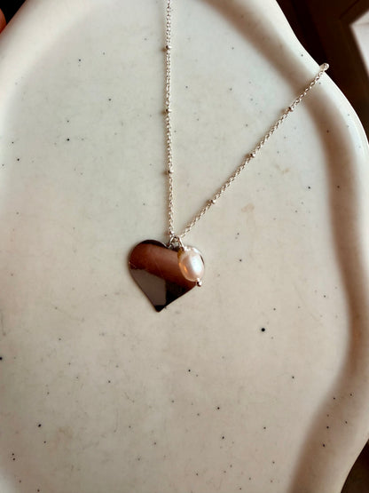 COLLANA CATENA RONDELLE ARGENTO CON CUORE E PERLA BIANCA