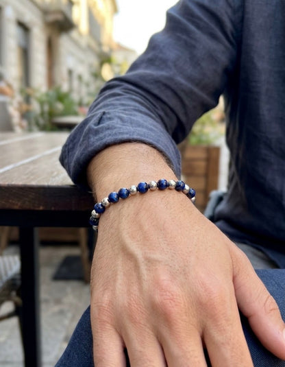 BRACCIALE UOMO IN OCCHIO DI TIGRE BLU ED EMATITE