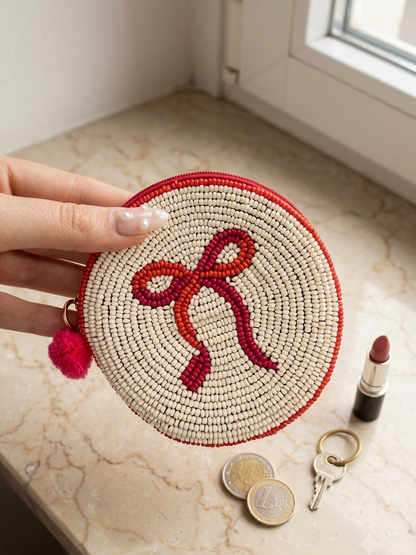 PORTAFOGLIO PICCOLO TONDO CON FIOCCO BIANCO-FUCSIA-ARANCIONE CALDO