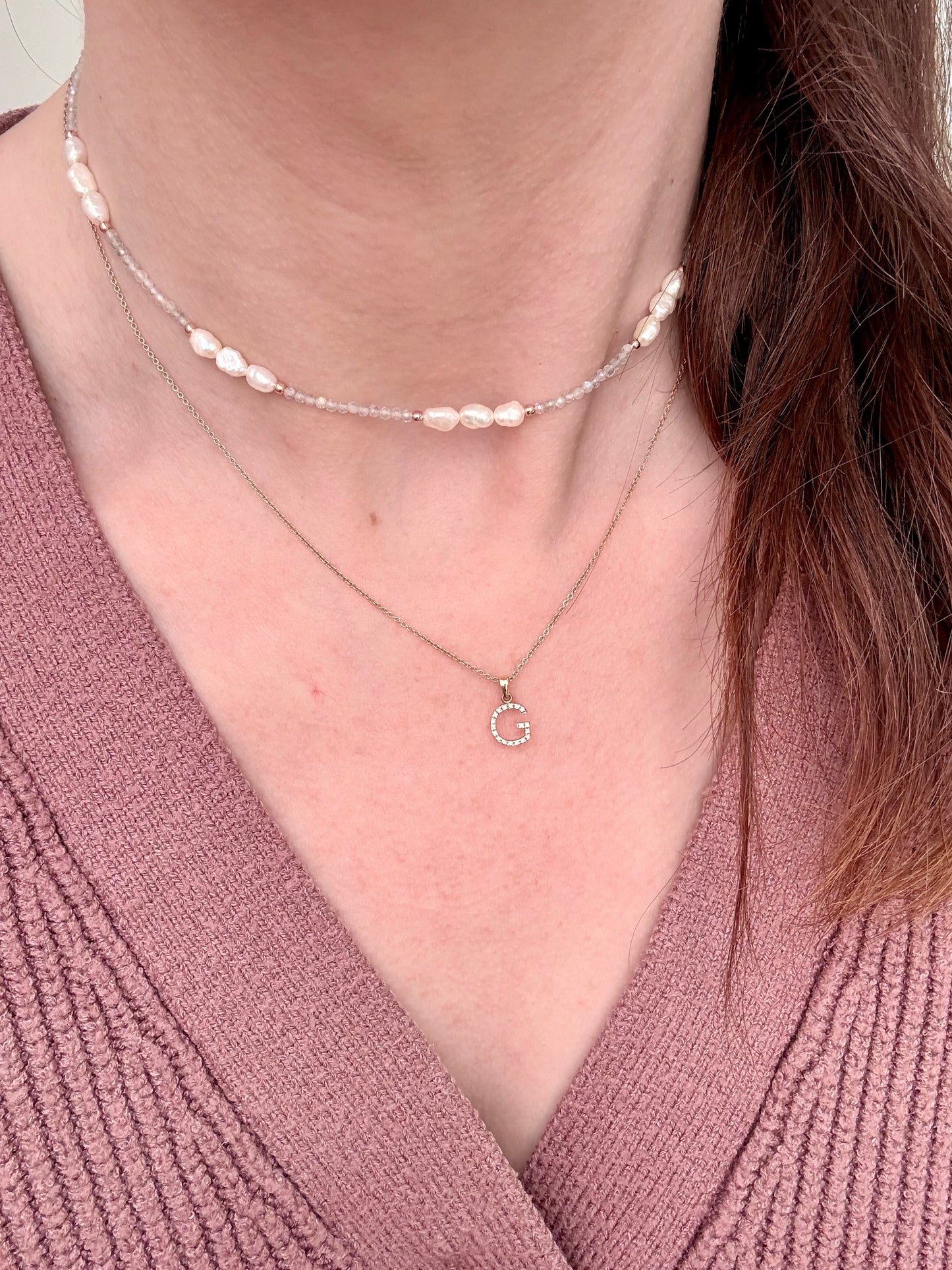COLLANA LABRADORITE E TRIS DI PERLE TRA DUE PEPITE IN ARGENTO ROSÉ