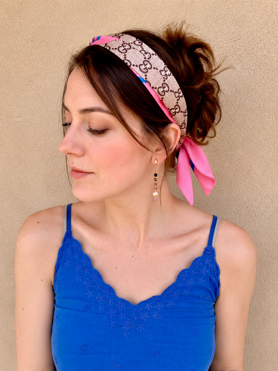 BANDANA FOULARD CON “G” ROSA-GRIGIO BEIGE-MARRONE SCURO