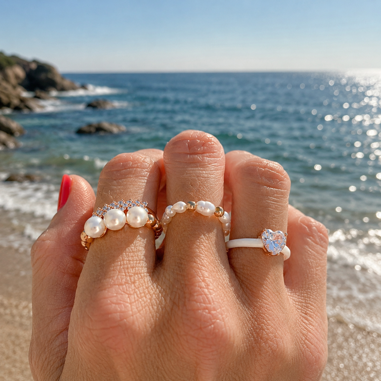 ANELLO ELASTICO CON PERLE RISINO IRREGOLARI BIANCHE E SFERE ROSÉ